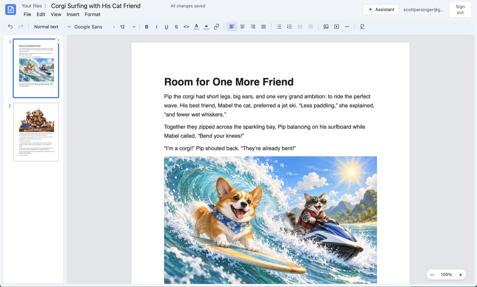A document with a story and a picture of a corgi surfing beside a cat on a jet ski