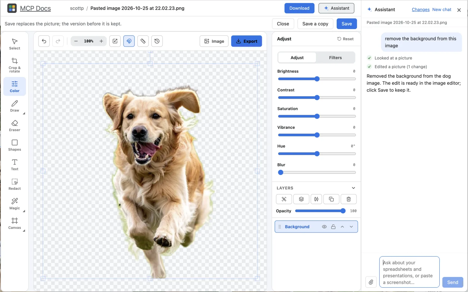 A photo of a running dog in the image editor, its background removed by the assistant