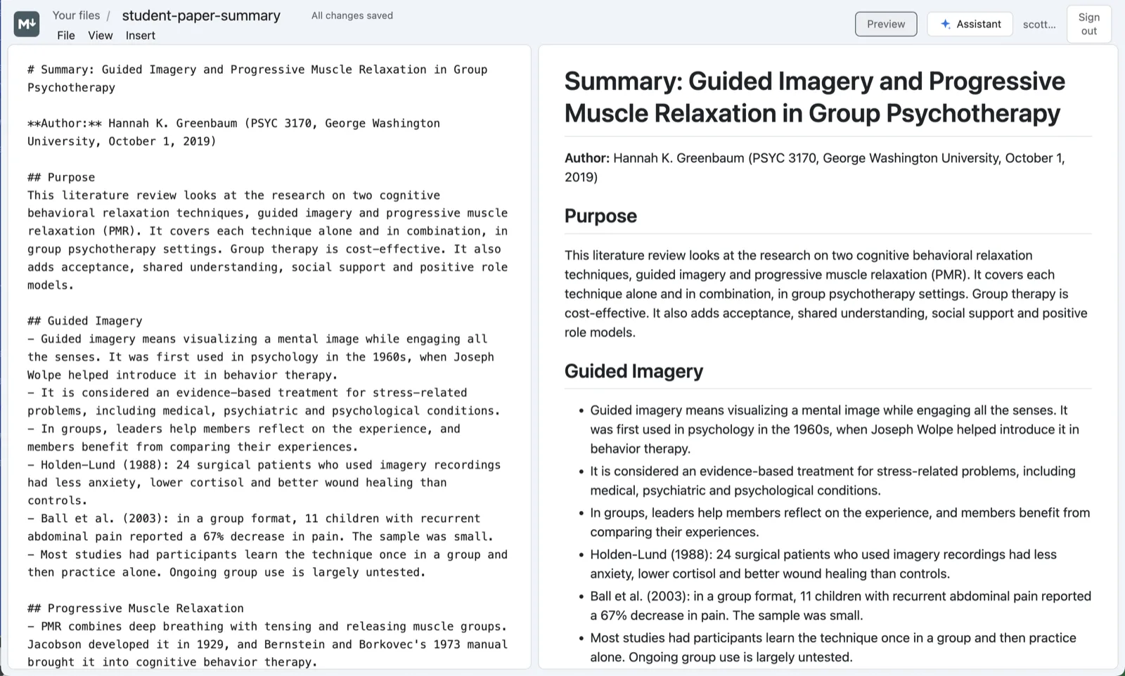 A Markdown summary of a paper, its text on the left and the formatted preview on the right