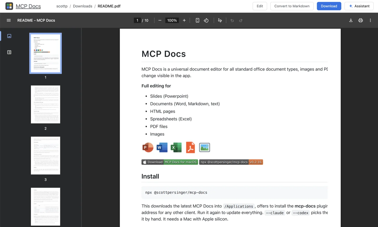 A PDF open in the viewer with its page thumbnails and a Convert to Markdown button