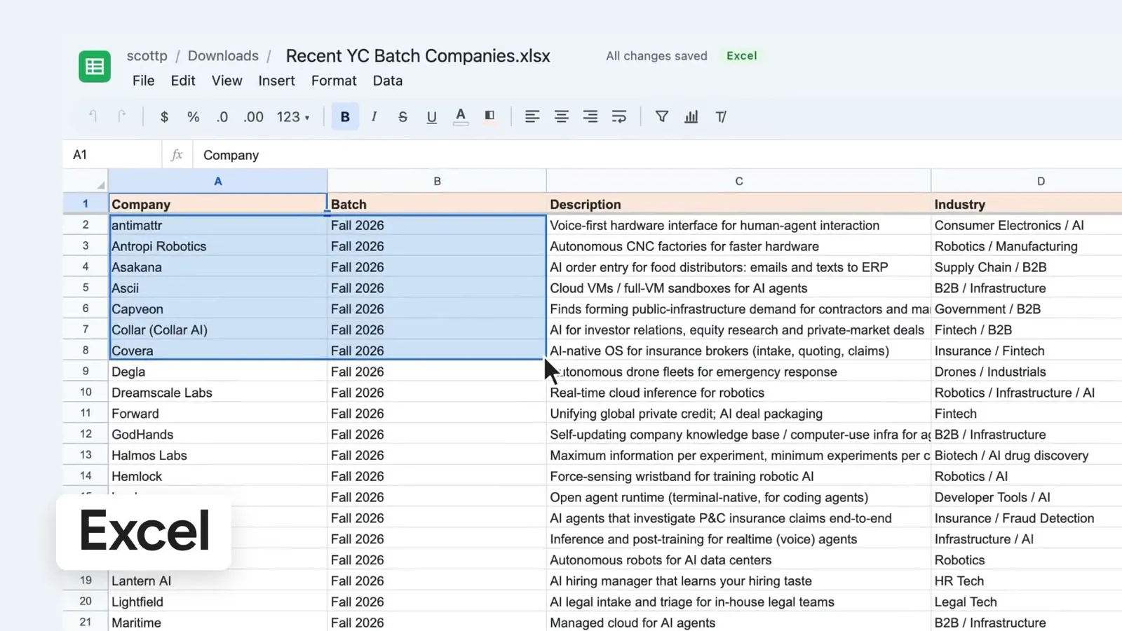 MCP Docs open on an Excel spreadsheet of recent YC companies